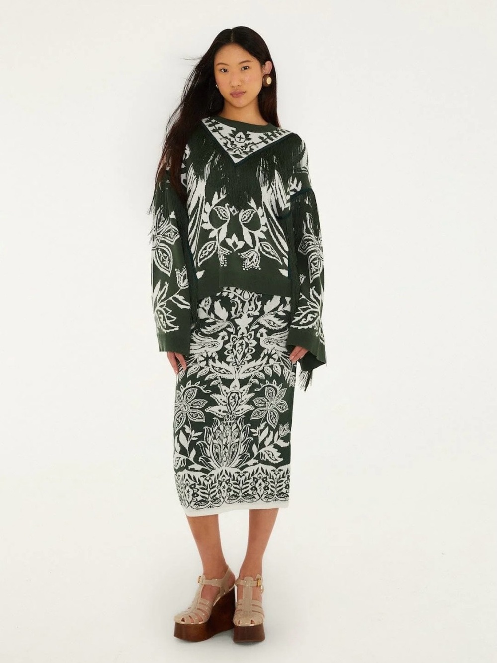 NWT Farn Rio Miranda Dark Green and White Fringe Knit Sweater size S.